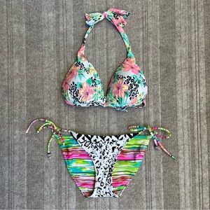Reversible Neon Tropical Floral & Black Zebra Printed Bikini Top & Bottom Set